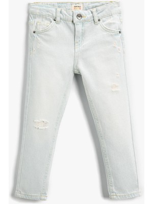 Kot Pantolon Yıpratılmış Detaylı Pamuklu Cepli - Slim Jean