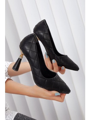 Pabucmarketi Siyah Suni Deri Topuklu Kadın Ayakkabı