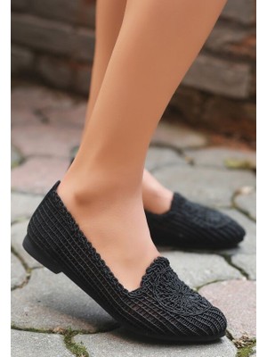 Pabucmarketi Siyah Örgülü Kadın Babet Ayakkabı