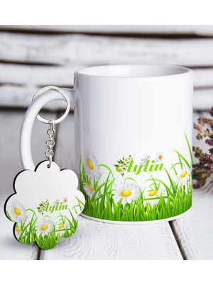 BK Kişiye Özel Papatya Tasarımlı Beyaz Kupa ve Anahtarlık Hediye Seti-3