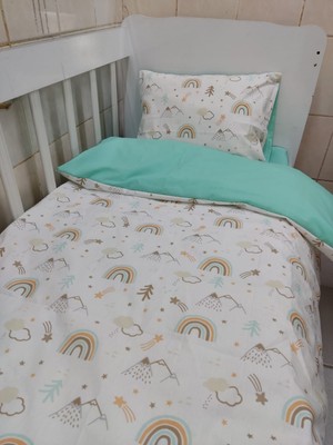 Bebek Özel Pamuk Bebek/çocuk Yastık Çarşaf Yorgan Seti Kahverengi Gökkuşağı/ Mint