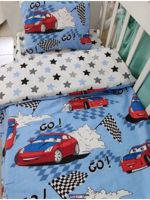 Bebek Özel Pamuk Bebek/çocuk Yastık Çarşaf Yorgan Seti Kırmızı Arabalı Yıldızlı