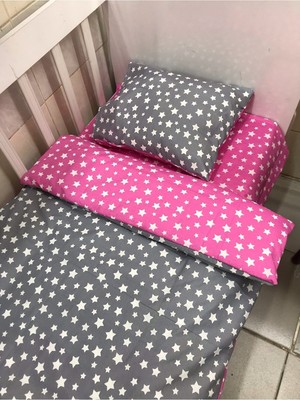 Bebek Özel Pamuk Bebek/çocuk Yastık Çarşaf Yorgan Seti Pembe Gri Yıldızlı