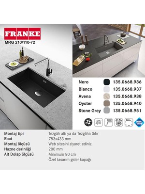 Franke Mrg 210 / 110-72 Granit Evye, Tezgah Altı, Stone Grey Renk