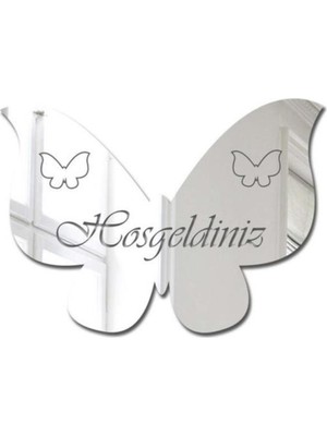 Kelebek Hoşgeldiniz Pleksi Kapı Süsü Krom Ayna