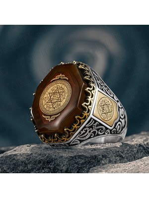 Takılingo 925 Ayar Gümüş Kehribar Taş Üzeri Süleyman Mührü Usta Işi Erkek Yüzük