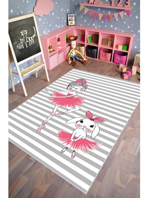 10 Post Online Çocuk Halısı Figürlü Balerin ve Tavşan Gri Kaydırmaz Kesme Yıkanabilir Ince Halı