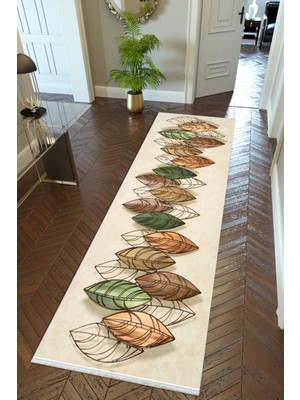 10 Post Online Yolluk Yaprak Bej Ekru Kahverengi Yeşil Kaymaz Kesme Yıkanabilir Ince Dijital Baskı Koridor Halısı