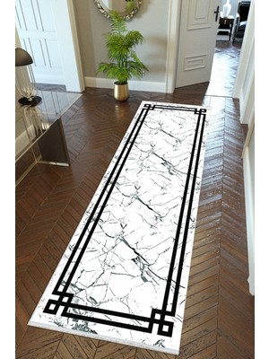 10 Post Online Yolluk Çerçeve Desenli Mermer Beyaz Kaymaz Kesme Yıkanabilir Ince Dijital Baskı Koridor Halısı