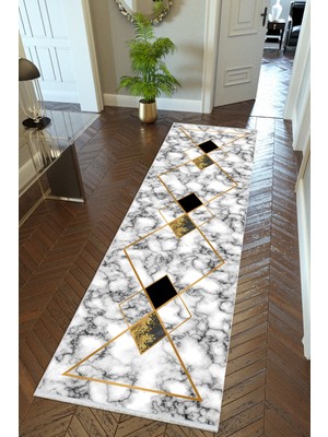 10 Post Online Yolluk Gold Gri Altın Siyah Kaymaz Kesme Yıkanabilir Ince Dijital Baskı Koridor Halısı