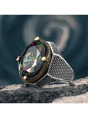 Takılingo 925 Ayar Gümüş Zirkon Taş Detaylı Mistik Topaz Erkek Yüzük