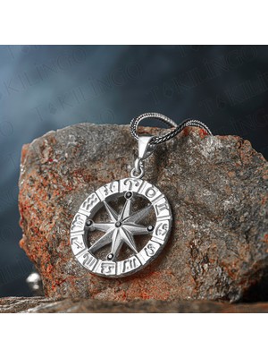 Takılingo 925 Ayar Gümüş Zirkon Detaylı Burç Yazılı Pusula Kolye