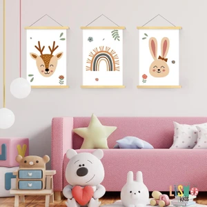 Neşeli Hayvanlar 3&#39;lü Çocuk Odası Kanvas Poster