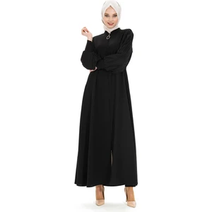 Kolları Pilise Detaylı Fermuarlı Siyah Ferace 3453