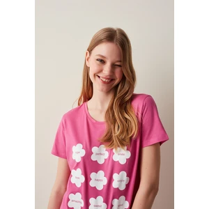 Fuşya Slogan Baskılı Tişört Pijama Üstü