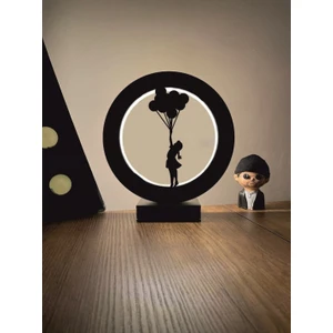 Sara Hediyelik Uçan Balon Kız Siluet LED Masa Lambası Ahşap