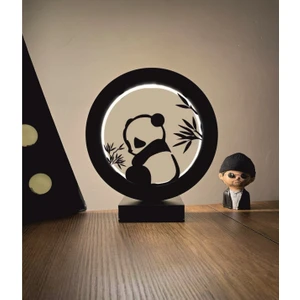 Sara Hediyelik Panda ve Bambu Siluet LED Masa Lambası Ahşap
