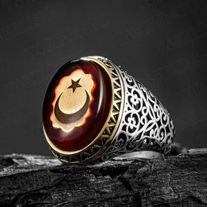 925 Ayar Gümüş Kehribar Taş Üzeri Ay Yıldız Erkek Yüzük
