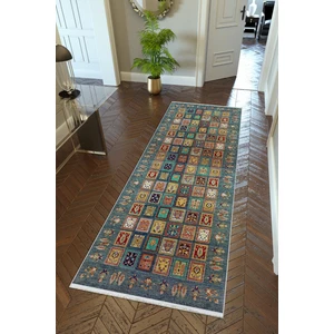 10 Post Online Yolluk Kilim Desenli Otantik Lacivert Kaymaz Kesme Yıkanabilir Ince Dijital Baskı Koridor Halısı