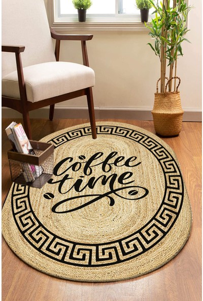 Galo Kahve Zamanı Desenli Oval Örme Dekoratif Jüt Kilim Hasır Halı Jut-4076