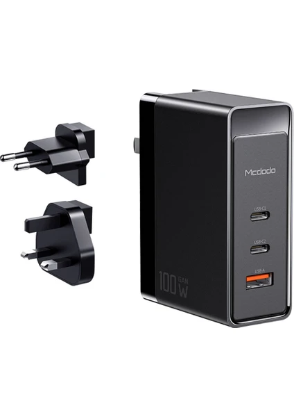 CH-8101 100W Gan Yüksek Hızlı 2xtype C 1xusb Girişli 3 Başlıklı Universal Şarj Adaptörü-Siyah