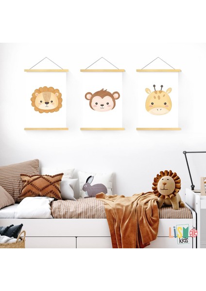 Hayvanlar 3&#39;lü Çocuk Odası Kanvas Poster