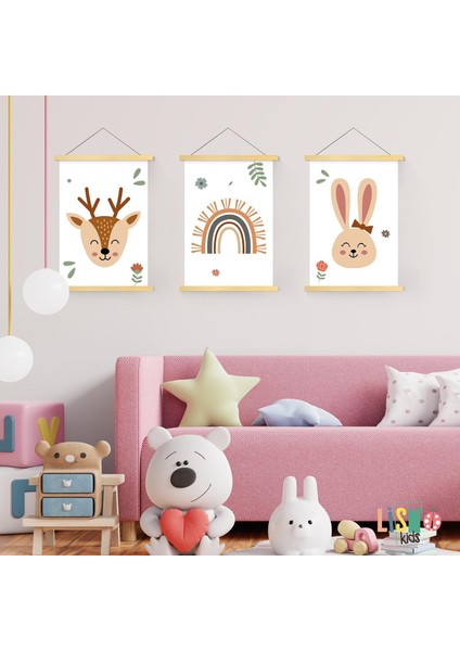 Neşeli Hayvanlar 3&#39;lü Çocuk Odası Kanvas Poster