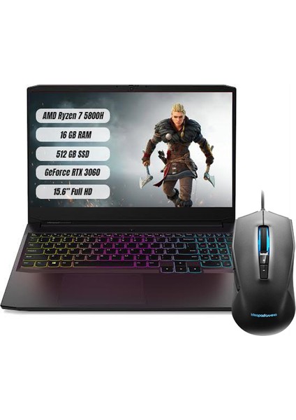 IdeaPad Gaming 3 AMD Ryzen 7 5800H 16GB 512GB SSD RTX3060 Freedos 15.6" FHD Taşınabilir Bilgisayar 82K200JUTX