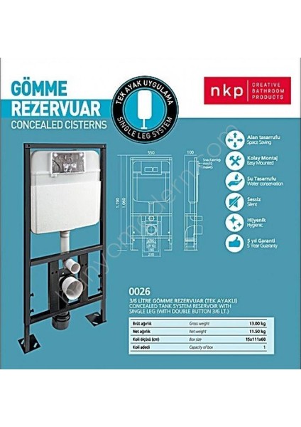 Gömme Rezervuar + Ara Kesme + TP320 Creavit Asma Klozet + Akdeniz Kapak
