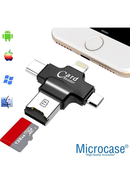 Type-C Lightning Micro USB Telefonlar Için Microsd Kart Okuyucu Flash Adaptör AL2744 Siyah