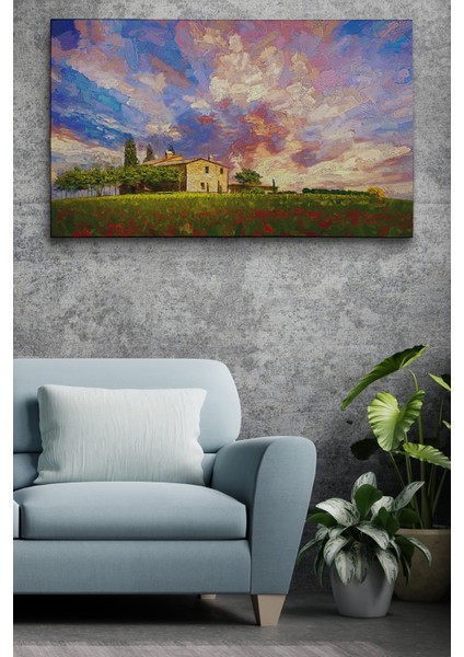Toskana Italyadaki Kırmızı Gelincik Tarlası Yağlıboya Görünüm Kanvas Tablosu