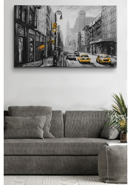 New York Sokakları ve Sarı Taksi Yağlıboya Görünüm Kanvas Tablo