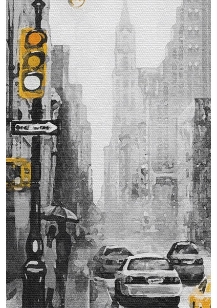 New York Sokakları ve Sarı Taksi Yağlıboya Görünüm Kanvas Tablo