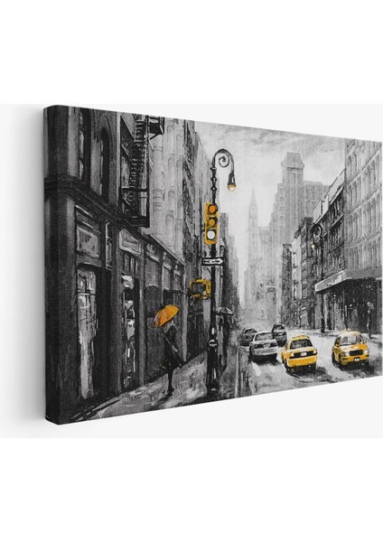 New York Sokakları ve Sarı Taksi Yağlıboya Görünüm Kanvas Tablo