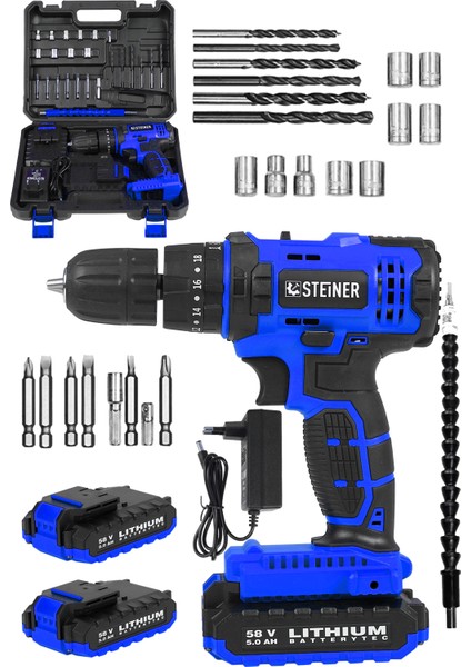 Alman Sta 58 V 5 Ah Darbeli Çift Akülü Metal Dişli Şanzuman Şarjlı Vidalam Matkap + 24 Parça Set