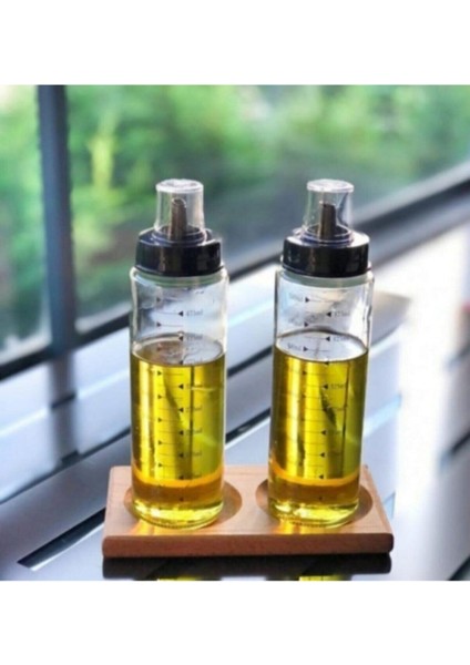 2 Adet 500 ml Ahşap Altlık Standlı Yağdanlık Damlatmaz Akıllı Cam Yağlık