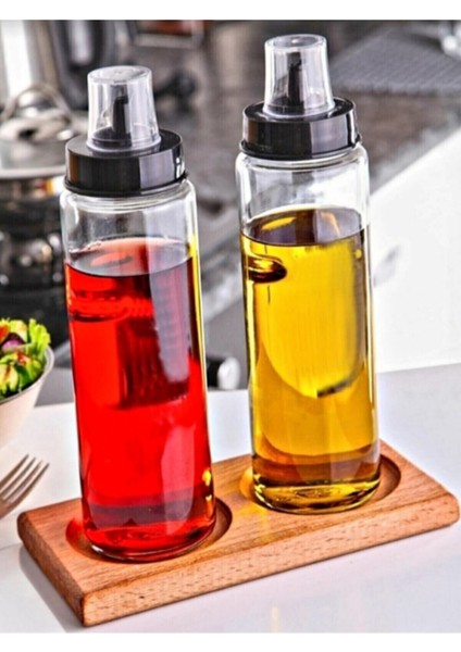 2 Adet 500 ml Ahşap Altlık Standlı Yağdanlık Damlatmaz Akıllı Cam Yağlık
