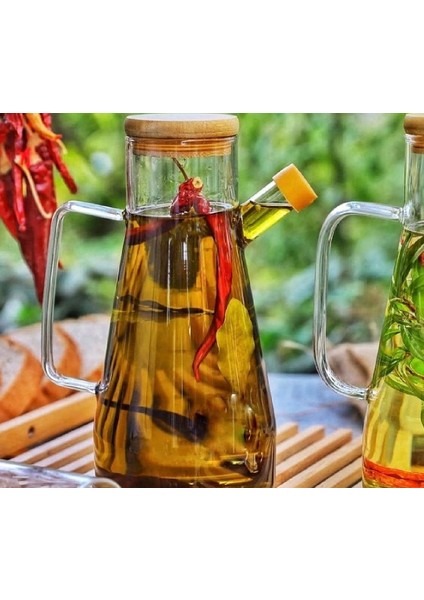 900 ml Bambu Kapaklı Cam Yağdanlık Sirkelik Süt Saklama Su Sürahisi