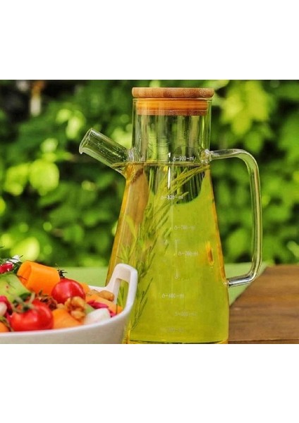 900 ml Bambu Kapaklı Cam Yağdanlık Sirkelik Süt Saklama Su Sürahisi