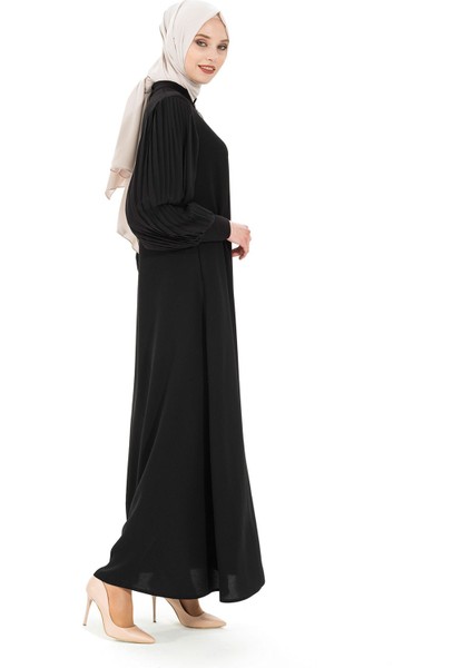 Kolları Pilise Detaylı Fermuarlı Siyah Ferace 3453 modelleri