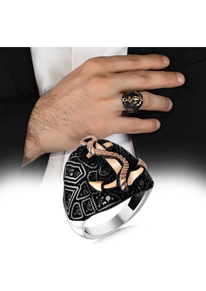 925 Ayar Gümüş Mikro Taşlı Çapa Motifli Erkek Yüzük