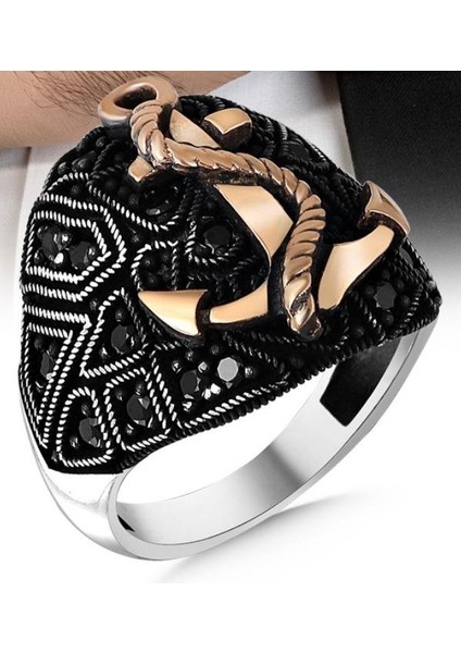 925 Ayar Gümüş Mikro Taşlı Çapa Motifli Erkek Yüzük fiyatları