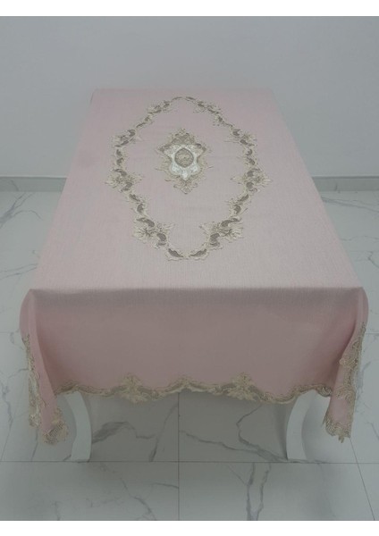 Perla Lüx Dantelli Simli Keten Kumaş Pudra Masa Örtüsü Dikdörtgen 160x230 cm - 1159