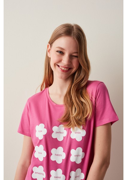 Fuşya Slogan Baskılı Tişört Pijama Üstü