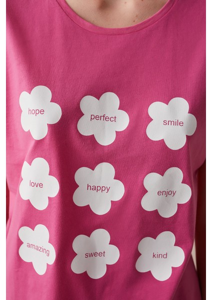 Fuşya Slogan Baskılı Tişört Pijama Üstü