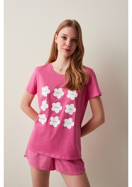Fuşya Slogan Baskılı Tişört Pijama Üstü