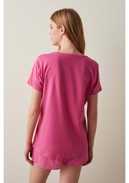 Fuşya Slogan Baskılı Tişört Pijama Üstü