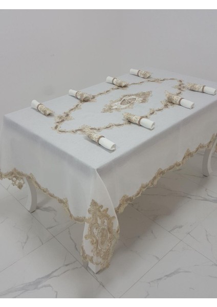 Perla Lüx Dantelli Simli Keten Kumaş Krem Masa Örtüsü ve Peçeteli Sofra Takımı 8 kişilik Dikdörtgen 160x230 cm 17 Parça - 1162