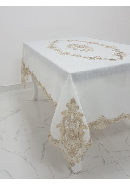 Perla Lüx Dantelli Simli Keten Kumaş Krem Masa Örtüsü ve Peçeteli Sofra Takımı 8 kişilik Dikdörtgen 160x230 cm 17 Parça - 1162