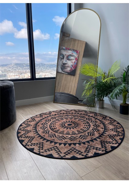 Mandala Etnik Desenli Kaymaz Taban Yuvarlak Dijital Baskı Kilim Yuvarlak Kilim